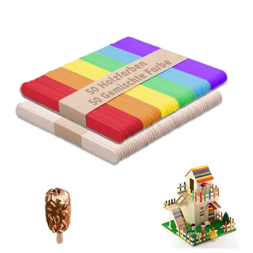 zoerbufan 100 Stück Holzstäbchen, Eisstiele Holz, Eis Selber Machen, Holzspachtel zum Basteln und Holz Eisstiele, Kinder, DIY, 114 mm x 10 mm x 2 mm (50 Holzfarben + 50 Gemischte Farbe)