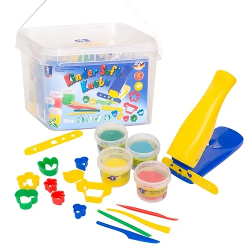 Feuchtmann Kinder Soft KNETE Knetpresse - 4 x 80g weiche Kinderknete - Knete für kreative Köpfe: Enthält 4 x 80g lufttrocknende Knetmasse, Schablonen und Werkzeuge. Ideal für Kleinkinder ab 3 Jahren, vegan und glutenfrei, fördert Motorik und Kreativität!