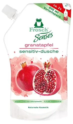 Frosch Senses Granatapfel Sensitiv-Dusche, Duschgel für empfindliche Haut geeignet, pH-hautneutral & vegan, ohne Mikroplastik, Körperpflege, klar, Nachfüllbeutel, 500 ml