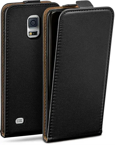 moex Handyhülle für Samsung Galaxy S5 Mini Hülle Klappbar Flip Case Schwarz 4,5 Zoll, 360 Grad Schutz Handytasche Leder Optik PU Lederhülle Cover Klapphülle