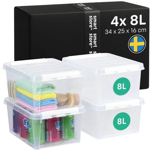 SmartStore Aufbewahrungsbox mit Deckel | 4x 8L Box | 34x25x16cm | Stapelbare Aufbewahrungsboxen für Kleidung & Spielzeug | lebensmittelechte Plastikbox, transparent | Kisten zur Aufbewahrung