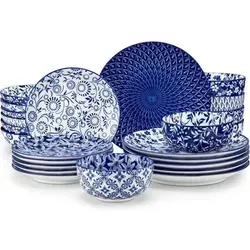 Geschirrset 6 Porzellan Keramik Blau Weiß Teller 24 Teile Set