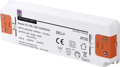 TRU COMPONENTS TC-YSL150F-24006250 LED-Trafo - Lampenzubehör: Konstantspannung LED-Treiber mit 150 W, ideal für sichere Beleuchtung dank SELV Schutzklasse und Möbelzulassung.