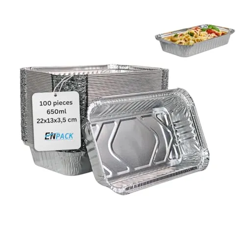 Enpack Aluschale R65-650L - 100 Stück Aluschalen Grill 20x10,5x5 cm - Wärmebehälter 650ml - Fettauffangschale als Grill Zubehör, Food Container, kleine Auflaufform - feuerfeste Alu Grillschale
