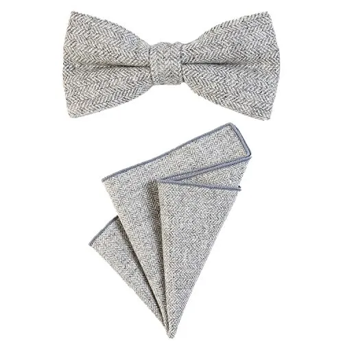 DonDon Herren Fliege 12 x 6 cm mit farblich passendem Einstecktuch 23 x 23 cm beides aus Baumwolle im Tweed Look hellgrau kariert