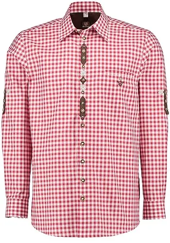 OS Trachten Herren Hemd Langarm Trachtenhemd mit Haifischkragen Lytal, Größe:43/44, Farbe:mittelrot