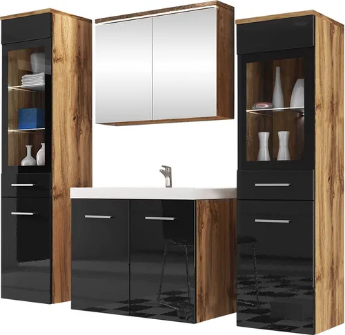 Mirjan24 Badmöbel Set Madrit II - Komplettprogramm mit Waschbecken und Spiegelschrank - Komplettprogramm für Badezimmer, modernes Design mit hochwertigem Waschbecken aus Konglomerat und stilvoller LED-Beleuchtung für ein elegantes Ambiente.