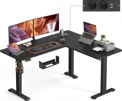 VASAGLE Höhenverstellbarer L-förmiger Schreibtisch 160 cm mit integrierter Ladestation - Optimale Platzausnutzung im Homeoffice: Der L-förmige Schreibtisch bietet doppelte Arbeitsbereiche und ist höhenverstellbar für ergonomisches Arbeiten. Mit integrierten Steckdosen und USB-Anschlüssen für bequemes Laden.