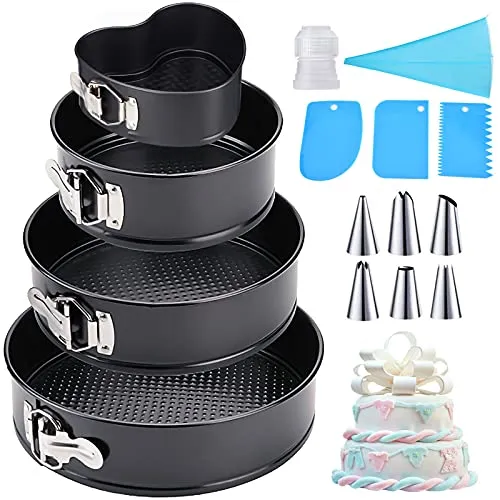 Amzeeniu Springform, 4 Stück, 11/18/23/26 cm, rund, Profi-Kuchenform, Kochutensilien, abnehmbarer Boden, antihaftbeschichtet, mit Set mit 8 Spritztüllen, 3 Kuchenschablonen, Schwarz