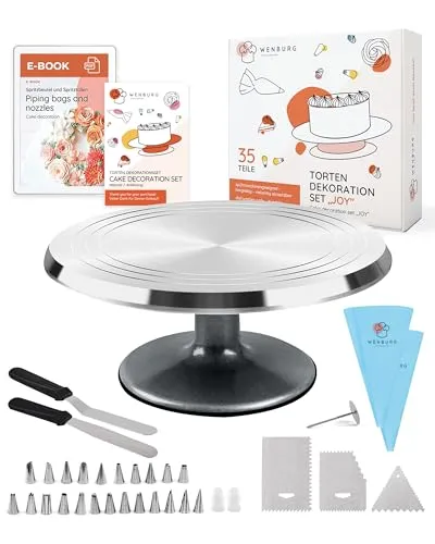 WENBURG Tortendeko Set Spritzbeutel Tortenplatte Drehteller Edelstahl Tüllen