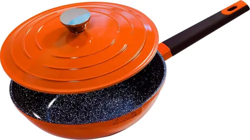 KING Wok Shine Orange, Aluminiumguss, Ø 28 cm, Induktion - Pfanne mit 8 cm hohem Rand für müheloses Braten, langlebige keramische FUSION® TI Beschichtung und Soft-Grip Griff für optimalen Komfort.