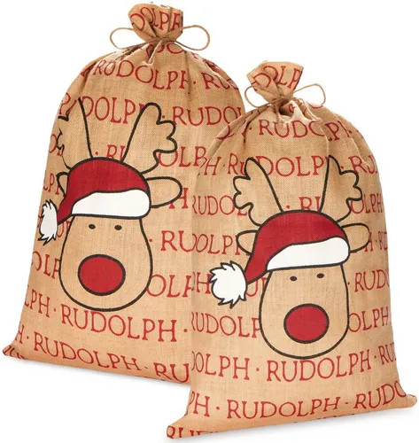 BRUBAKER Aufbewahrungstasche Weihnachtssack Rudolph - 80 cm Geschenksack für Weihnachten (2-tlg., Rentier mit Weihnachtsmütze), Nikolaussack aus Jute - Sack mit Kordel zum Verpacken von Geschenken