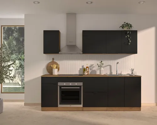 Mid.you Küchenleerblock Eden - Hochwertiger Küchenblock in Schwarz & Eiche - Küchenzeilen ohne Geräte, eleganter Küchenleerblock mit 3 Schubladen, höhenverstellbaren Füßen und modernem Design in Holzoptik - ideal für individuelle Küchenlösungen.