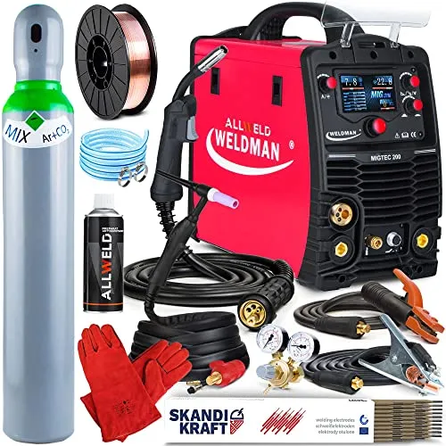WELDMAN MIGTEC 200-200A Schutzgasschweißgerät mit Synergie - MIG/MAG, MMA, WIG DC, FLUX - Induktivität, Lötschweißen - 2T/4T-Modus, LCD, IGBT, Set: Professional