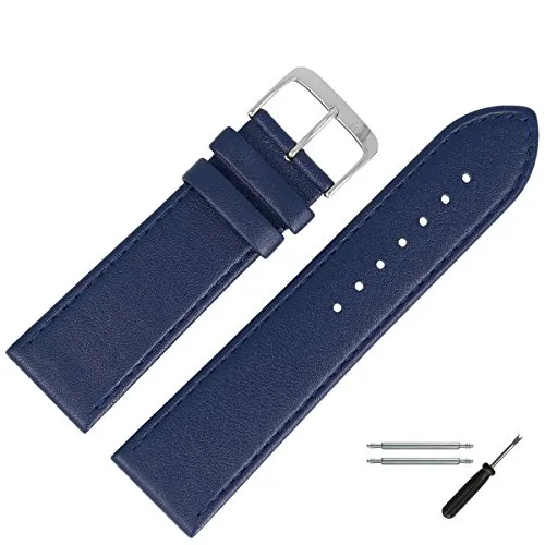 MARBURGER Uhrenarmband 24mm Leder Blau Silber Glatt Mit Naht - Montage Set 7592451000120