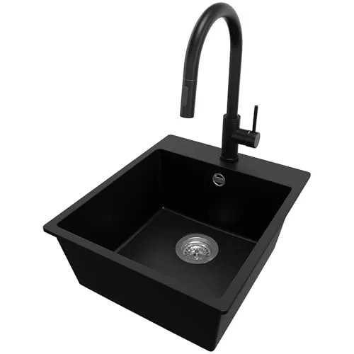 PRIMAGRAN Granitspüle Schwarz 43x50cm, Spülbecken 1 Becken + Küchenarmatur 40x20cm + Ablauf-Set, Küchenspüle ab 45er Unterschrank - Riga S082
