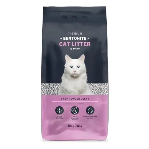 by Amazon Bentonite Premium Katzenstreu mit Babypuderduft, 10L - Katzenstreu mit hoher Klumpfähigkeit und ausgezeichneter Geruchskontrolle, ideal für saubere Katzenboxen.