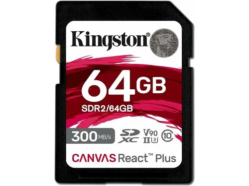 Kingston Canvas React Plus 64GB SDXC Speicherkarte - UHS-II 300R 260W U3 V90 für 4K und 8K Aufnahmen, ideal für Profi-Kameraeinsatz und Content Creators
