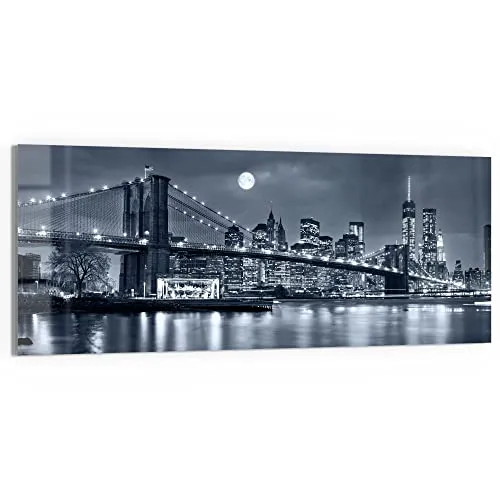 DEQORI Glasbild Echtglas | Motiv Vollmond über New York | horizontal einteilig 150x60 cm | schöne Dekoration | Wandbild für Wohnzimmer, Schlafzimmer, Flur & Küche | moderne Wanddeko