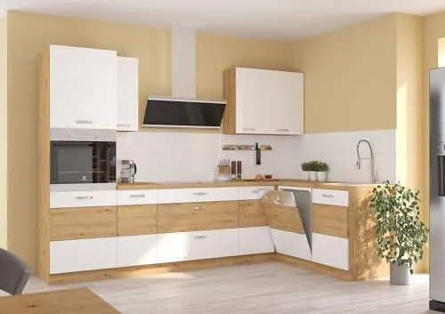 Küche Eiche Artisan Ecke Weiß - Hochglanz Küchenzeile - Moderne Küchenzeile im Hochglanz Design mit viel Stauraum, ideal für platzsparende Lösungen in Ihrem Zuhause.