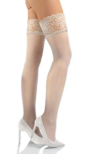 sesto senso Halterlose Strümpfe Damen 15 DEN Feinstrümpfe mit Spitze Weiß 3XL/4XL White