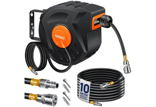MASKO® Automatik Druckluftschlauch Aufroller 20m – Schlauchtrommel mit Wandhalterung und Tragegriff - Ideal für Werkstätten und Gärten: Der MASKO Druckluftschlauch-Aufroller bietet maximalen Aktionsradius ohne Kabelsalat. Mit 180° schwenkbarer Wandhalterung und robustem Montageset ist er schnell einsatzbereit und schützt den Schlauch vor Schmutz.