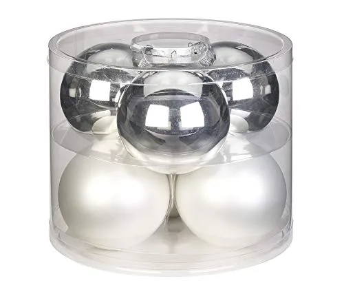 MAGIC Weihnachtskugeln Glas 10cm 6 STK. Christbaumkugeln Christbaumschmuck Farbe: Silber Glanz/weiß matt