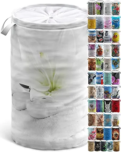 Sanilo Wäschekorb faltbar, stabiler runder Wäschesammler 60 Liter, Wäschesack mit Griffen und Abdeckung (Good Feeling)