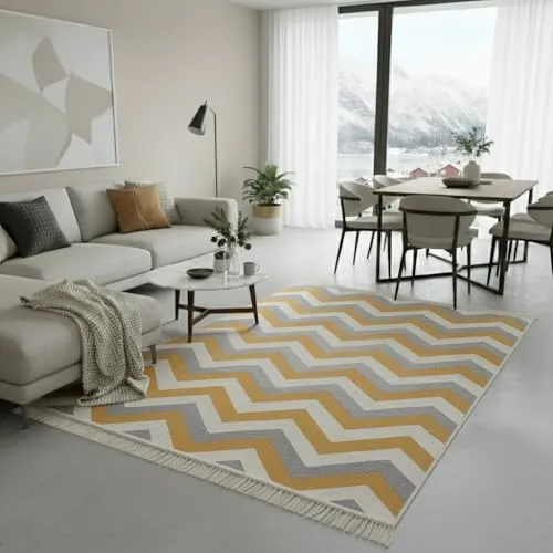 Fashion4Home Teppich Läufer - Tepiche für Wohnzimmer, Schlafzimmer, Küche, Kinderzimmer, Badezimmer - Boho Kelim - Läufer Flur, Zigzag-Gold, Größe: 60x90 cm