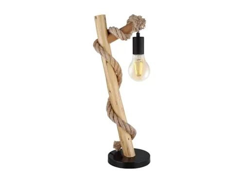 Große Tischleuchte 1-flammig mit Holzstab und Hanfseil, Höhe 53,5cm - Tischlampen mit Naturholz und Hanfseil, dimmbar in 3 Stufen für individuelle Lichtstimmung, inkl. 8W E27 LED Leuchtmittel, ideal für gemütliche Wohnräume.