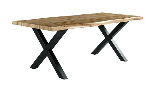Die Möbelfundgrube® Baumkantentisch MARLON - Wildeiche, 160 cm oder 200 cm - Trendiger Esszimmertisch in Baumkantenoptik mit stabilen X-Gestell aus schwarzem Metall. Jede Tischplatte ist ein Unikat mit natürlicher Holzmaserung. Perfekt für gesellige Abende mit Familie und Freunden.