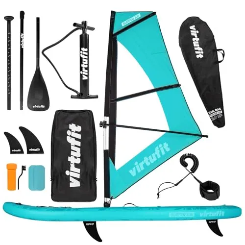 VirtuFit Supboard Surfer 305 - Türkis mit Windsurf-Zubehör - Aufblasbares SUP-Board für Stand-Up Paddling und Windsurfen, ideal für Anfänger und Fortgeschrittene. Inklusive Windsurfsegel und umfassendem Zubehör für ein vielseitiges Wassersport-Erlebnis.