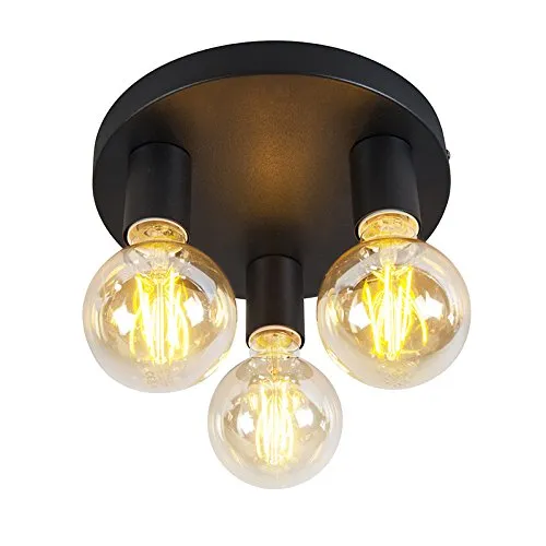 Qazqa - Klassisch I Antik IndustrieDeckenleuchte I Deckenlampe I Lampe I Leuchte schwarz - Facil 3-flammig I Wohnzimmer I Schlafzimmer - Stahl Rund - LED geeignet E27