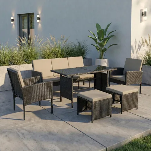Home Collective Gartenlounge-Set 7-Sitzer Polyrattan Schwarz - Praktisches Gartenmöbel-Set für bis zu sieben Personen, inklusive Esstisch mit Sicherheitsglasplatte. Pflegeleicht und ideal für entspannte Stunden im Freien.