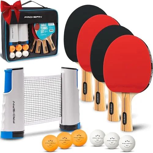 PRO-SPIN Tischtennisschläger Set - Mit Tischtennisnetz Für Jeden Tisch, Tischtennis bälle 3-Sterne, Tasche/Hülle | 4er-Set | Ausziehbares Mobiles Tischtennis Netz | Tolles Geschenk & Spiele
