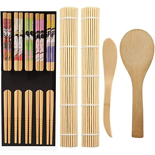 ZFYQ Sushi Set, 9-teilig Holz Sushi Maker Enthält Sushi Rolling Matte, Essstäbchen Reislöffel Paddel, Anfänger Sushi Making Kit