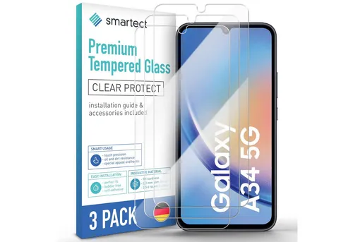 smartect Displayschutzglas Schutzglas Panzerfolie Klar für Samsung Galaxy A34 5G, Set, 3 Stück, Schutzfolie Glasschutz Bildschirm
