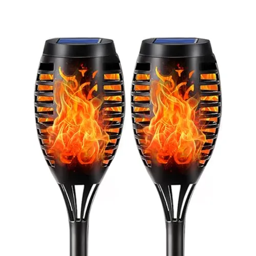 LQWELL® Solarleuchten Solar Fackellicht für Außen Garten 2 Stück 12 LED Solarlampe mit Realistischer Flammeneffekt IP65 Wasserdicht Gartenfackeln Weg Hinterhöfe Rasen Beleuchtung (2 Stück)