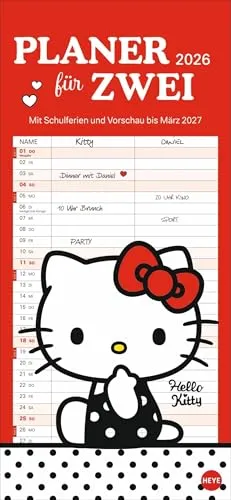 Hello Kitty Planer für zwei 2026: Die Trend-Katze in einem praktischen Partnerkalender 2026 mit Platz für Notizen. Monat für Monat Illustrationen der ... Format 16 x 34,7 cm (Familienplaner Heye)