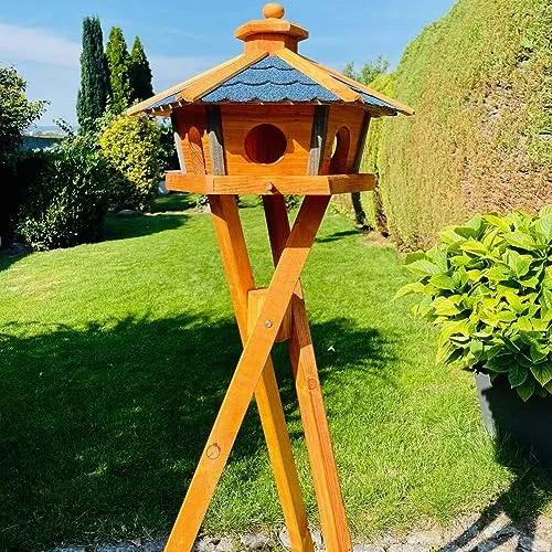 DARLUX Vogel Futter Haus L oder XL Sechseck Holz Vogelhaus Futterstelle Braun/Blau, Rot, Schwarz und Grün (Größe L mit Ständer, Blau - Braun)