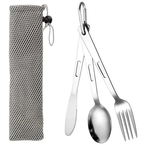 Stück Reisebesteck,Campingbesteck,Edelstahl Camping Besteckset,Tragbare Outdoor Besteck mit karabiner,Löffel Gabel Messer Kombi und tasche,Wiederverwendbare Reisebesteck Besteckset 3