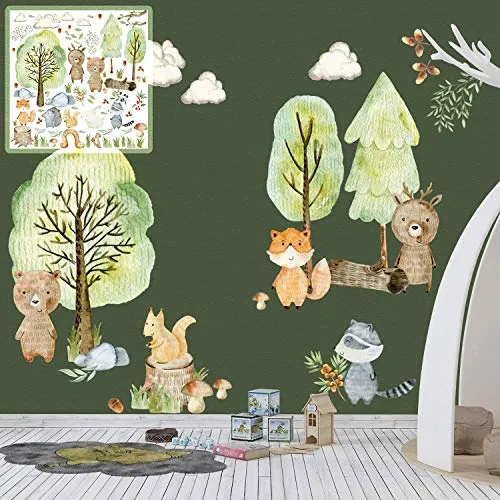 XXL Wandtattoo Woodland Set - Bunte Waldtiere für das Kinderzimmer - Wandsticker für Baby- & Kleinkinderzimmer, farbenfrohes XXL Set mit konturierten Motiven, ideal für kreative Raumgestaltungen und eine traumhafte Atmosphäre.
