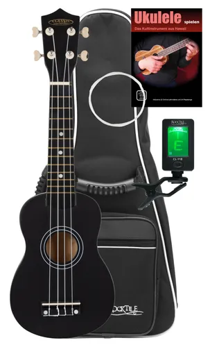 Classic Cantabile US-50 BK Sopran-Ukulele Schwarz Set - Sonstige Zupfinstrumente, Komplett-Set mit Tasche, Stimmgerät und Ersatzsaiten für sofortigen Spielspaß, ideal für Anfänger und Hobby-Musiker.