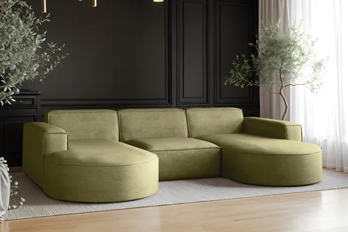 Kaiser Möbel Ecksofa Modena U-Form, Olivgrün - Elegantes 5-Sitzer Ecksofa in U-Form mit beidseitiger Ottomane für flexible Platzierung. Hochwertige Salvador-Velours-Polsterung bietet optimalen Sitzkomfort und Strapazierfähigkeit – ideal für jedes Wohnzimmer.