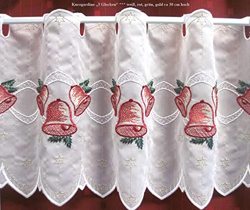 Stickperle Kurzgardine 3 Glocken Weihnachten weiß ca.29 cm hoch Meterware