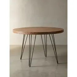 Design Esszimmertisch BAGLI rund Ø 120 cm aus Sheesham Massivholz - Esstisch im Landhausstil mit stabilen Haarnadelbeinen, ideal für 4 Personen. Langlebig durch Schutzlackbeschichtung und einzigartiges Design aus hochwertigem Sheesham.