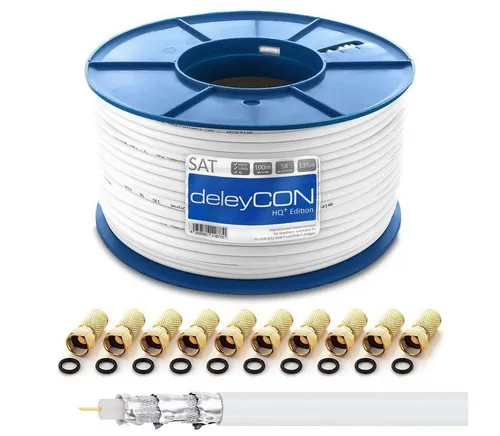 deleyCON 100m HQ+ SAT Kabel HDTV 135dB - HiFi-Kabel mit 5-fach Abschirmung für optimale Signalqualität, inklusive 10 F-Steckern für einfache Installation.