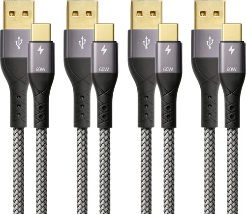 ProfiPatch USB A auf USB C Kabel 60W QC 3A Set 0,5m+1m+2m+3m grau Goldkontakt Textil USB Datenkabel, Schnellladekabel für Notebooks, Laptops und Handys