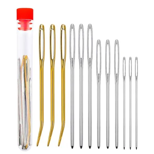 Stk Nähnadeln Set, 3 goldene gebogene 9 silberne gerade, 5,5 cm 6 cm 6,7 cm, robuste Sticknadeln für Stricken Häkeln Handnähen Leder Garn Handwerk hand nähen leder handwerk, Aufbewahrungsröhrchen 12