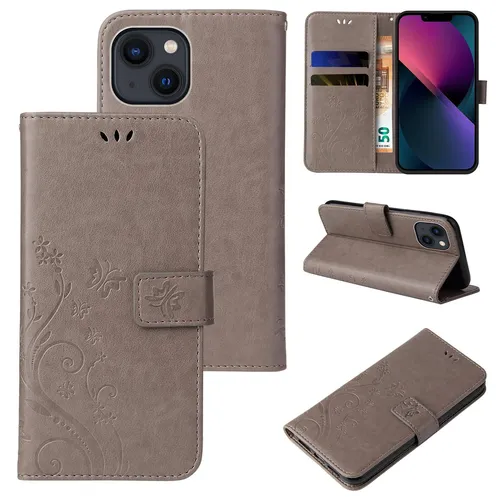 Handy Tasche für Apple iPhone 13 Handyhülle Blumen Buch Klapp Cover Case Grau